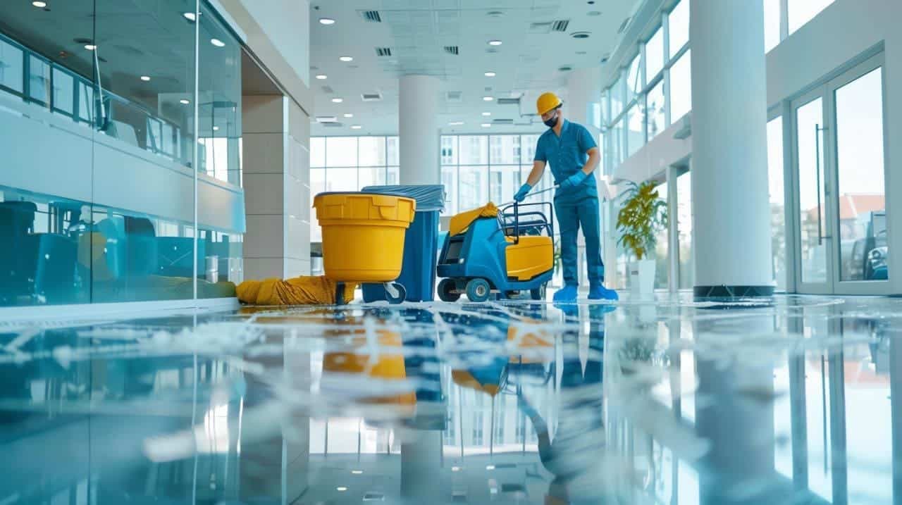 عامل ينظف أرضية داخل مبنى باستخدام معدات تنظيف